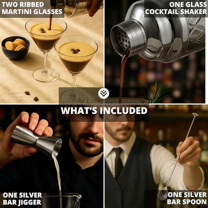 VEMACITY Silver Cocktail Shaker Set + 2 Ribbed Martini Glasses & Bar Tools | - Image 6