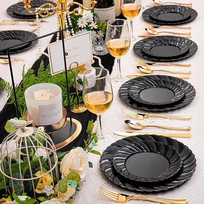 U-QE 100PCS Black Plastic Plates, Heavy Duty Black Disposable Plates Including 50PCS 9inch Dinner Plates & 50PCS 6.5inch Dessert Plates -Hard Plastic Plates for Party Wedding Bridal Shower