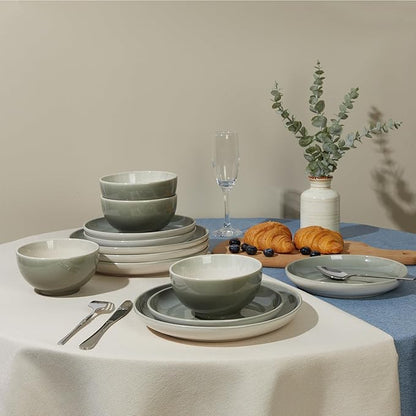 Stoneware Dinnerware Sets for 6, Microwave Safe Plate and Bowl Set, Easy to Clean & Durable Dishes Sets for Small to Medium Families, Gray Green