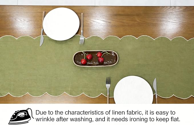 100% Natural Linen Rustic Scalloped Embroidery Table Runner 48 Inches, Linen - Image 5