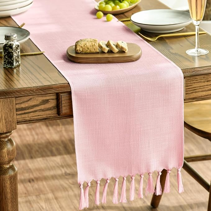 Artoid Mode Blush Pink Tassel Table Runner, Linen Blend Rustic Farmhouse Style by ArtoidMode
