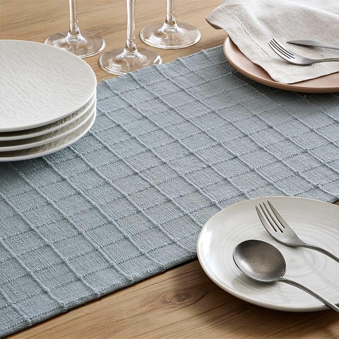 Artisanal Grid Linen Table Runner, 13x36 Inches Chambray | Heavy Textured - Image 6