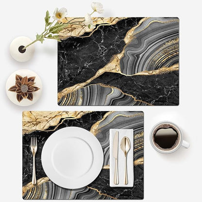Mcalk Black Marble Table Runner and Placemats Set of 6 Pieces, Gold Marble Placemats, Modern Cloth Place Mats Indoor for Kitchen,Washable Linen Material for Dining Table