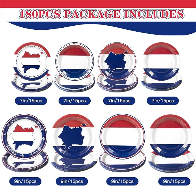 France French Flag Paper Plates and Napkins Party Supplies, Serves 60 | 180Pcs - Image 2