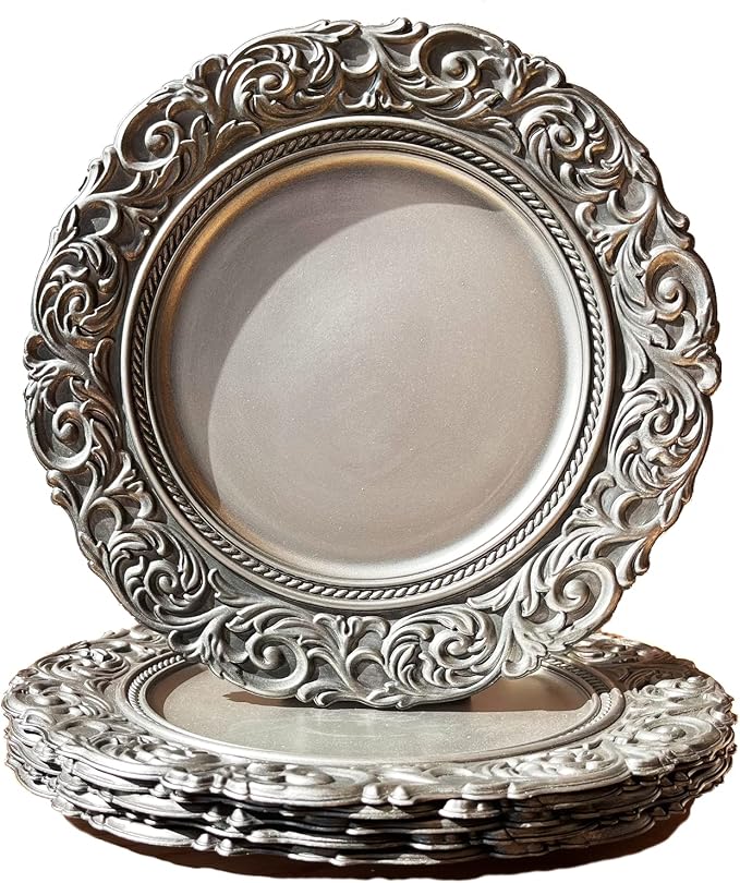 Antique Silver Charger Plates Embossed Rim, 13 Inch Dinner Plate Chargers Round by Umisriro