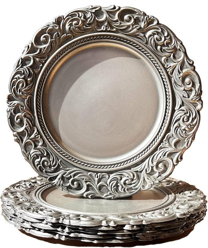 Antique Silver Charger Plates Embossed Rim, 13 Inch Dinner Plate Chargers Round by Umisriro