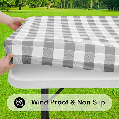 Smiry Rectangle Picnic Table Cloth, Elastic Waterproof Fitted Vinyl Tablecloths, Flannel Backed Buffalo Plaid Table Covers for Dining, Camping, Outdoor (White and Grey, 24" x 48")