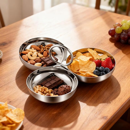 Cluster Serving Bowls 3 in 1 Silver Stainless Steel Snack Bowls Connected Fruit - Image 4