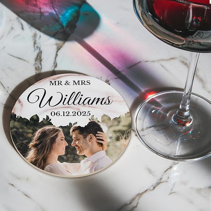 100 Pack Personalized Wedding Coasters, Custom Cardboard Coasters for Drinks with Photo Print and Text, Keepsake Wedding Favors and Gifts for Couples, 3.95" Round (Design 9)