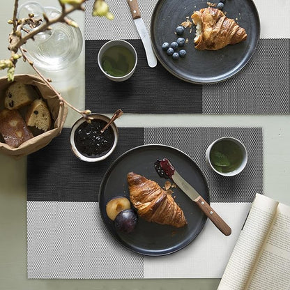 HeloHo Placemats Set of 6 Black and White Placemats Heat-Resistant Washable Vinyl Woven Table Mats Wipeable Placemat for Kitchen Dining Table Decoration Indoor Outdoor