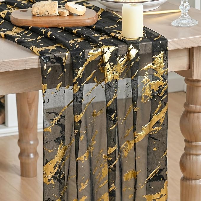 Artoid Mode Marble Pattern Black Gauze Table Runner 10FT, Glitter Metallic Foil by ArtoidMode
