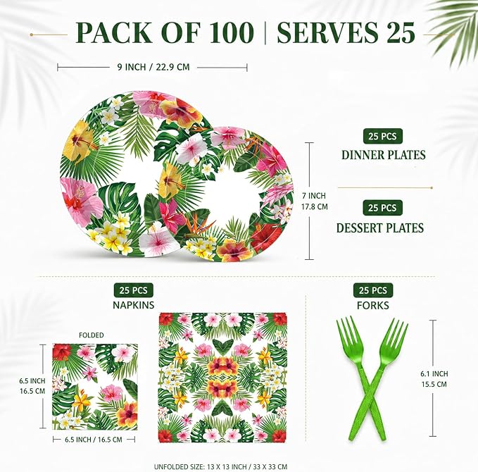 100 Pcs Tropical Luau Party Supplies Set, Serves 25 – Disposable Hibiscus - Image 4