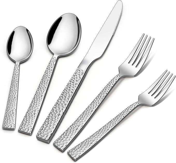 LIANYU 50-Piece Silverware Set for 10, Stainless Steel Flatware Set, Hammered by LIANYU