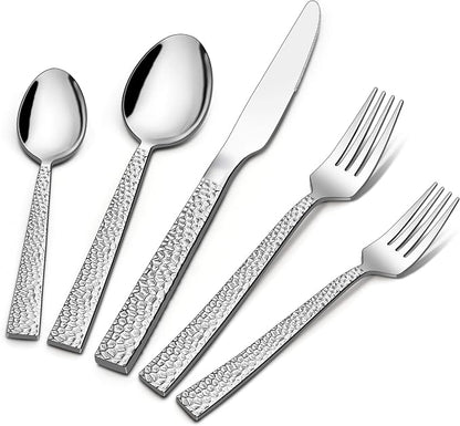 LIANYU 50-Piece Silverware Set for 10, Stainless Steel Flatware Set, Hammered by LIANYU