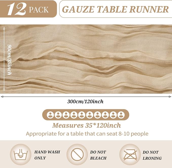 YMHPRIDE 12 Pack Cheesecloth Table Runner 35x120in Beige Table Runner | Boho - Image 2