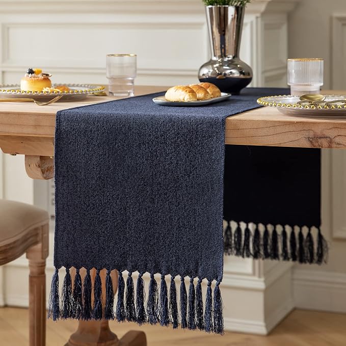 Navy Table Runners 60 Inches Long, Burlap Linen Style Rustic Farmhouse Table by ZEEMARTONLINE