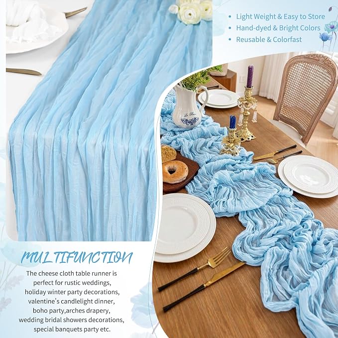 Showgeous 4 Pack Baby Blue Cheesecloth Table Runner, 17 x 108 Inches | Boho - Image 5