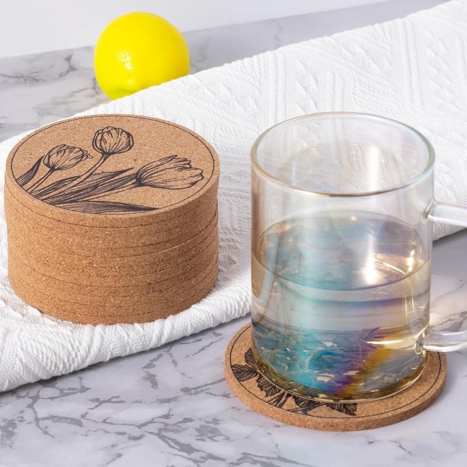 Cork Coasters for Drinks Absorbent Non Slip 12pcs 4 Inch Flower | Coaster for - Image 5
