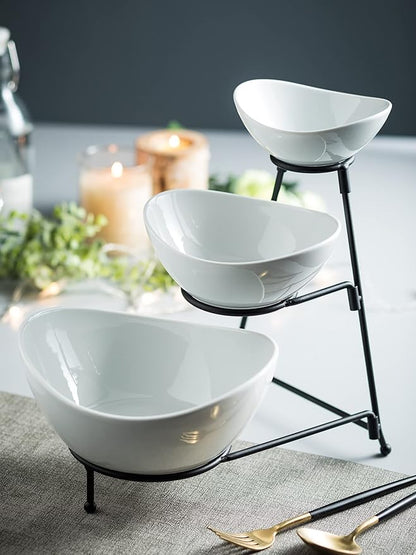 3 Tier Serving Bowls with Stand, Serving Dishes Chips and Dip Serving Set for Entertaining Party, Ceramic Serving Bowl Food Display for Fruit Salad Soup Snacks, Microwave & Dishwasher Safe