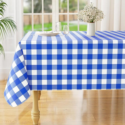 misaya Rectangle Waterproof Vinyl Table Cloth, Buffalo Flannel Backed Tablecloth, Wipeable Plastic Table Cover for Seaside, Picnic, Outdoor (52" x 70", White and Blue)