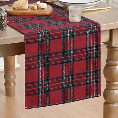 Artoid Mode Red and Multi Color Line Farmhouse Plaid Christmas Table Runner by ArtoidMode