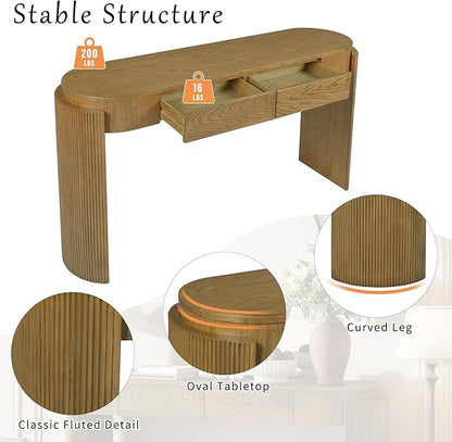 Merax 55" Entryway Table with Oval Top and 2 Drawers, Natural Wood Grain Finish Console Table with Fluted Design for Entryway and Living Room (Pine Wood)