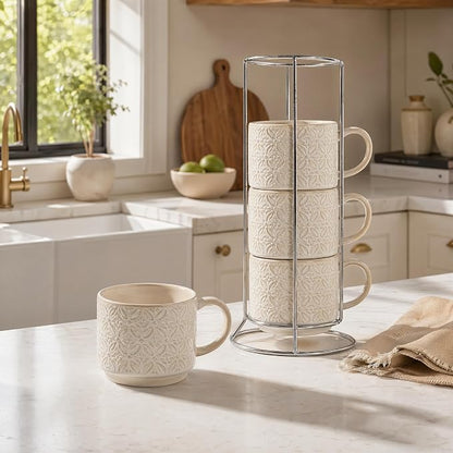 6 Oz Coffee Mugs with Stand, Stackable Ceramic Espresso Cups Set of 4, Embossed - Image 6