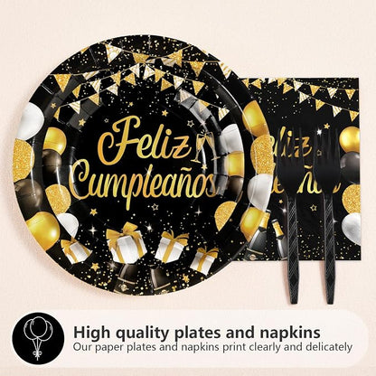 96 Pcs Feliz Cumpleaños Black and Gold Decorations, Serves 24 | Feliz - Image 2