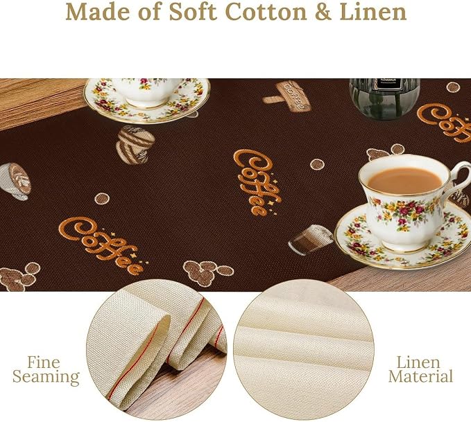 Coffee Theme Table Runner, Rustic Brown Gnome Coffee Theme Bean Cafe Cup Tea - Image 6