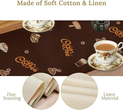 Coffee Theme Table Runner, Rustic Brown Gnome Coffee Theme Bean Cafe Cup Tea - Image 6