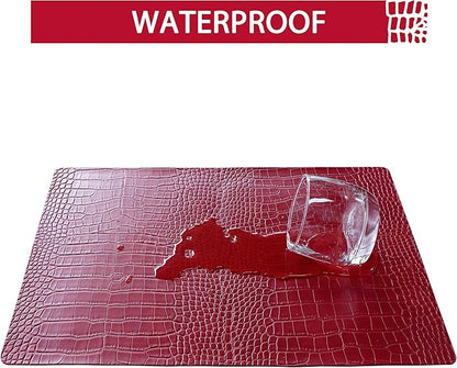 Jovono Faux Leather Placemats Set of 6, Waterproof Heat Resistant Dinner Place Mats for Dining Table, Non-Slip Crocodile Embossed, Red (17.8x11.8 Inch)