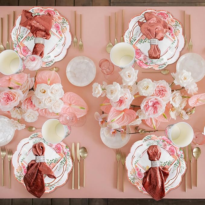 Whaline Floral Tableware Set Pink Flower Rose Gold Foil Disposable Party - Image 7