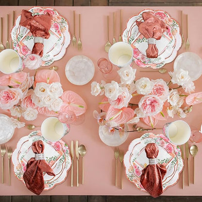 Whaline Floral Tableware Set Pink Flower Rose Gold Foil Disposable Party - Image 7