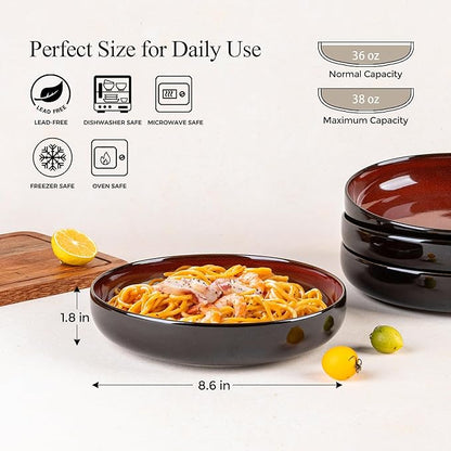LERATIO 8.5'' Large Ceramic Pasta Bowls, 36oz Pasta Serving Bowls Set of 4 for Kitchen, Wide Bowls for Fruit,Pasta,Salad,Oatmeal,Meal, Microwave Safe, Reactive Glaze