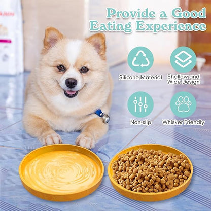 Silicone Dog Bowl Shallow Cat Food Bowls 7" Wide Puppy Plates Whisker Fatigue Pet Feeding Dishes Set of 2 for Dry Food and Wet Food Indoor (Round Yellow)