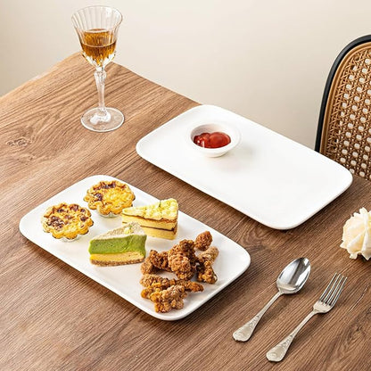 White Serving Platters Set of 2 – 14 Inch Rectangular Serving Platters, Large Porcelain Serving Platters for Party, Appetizers, Sushi, Steak & Dessert