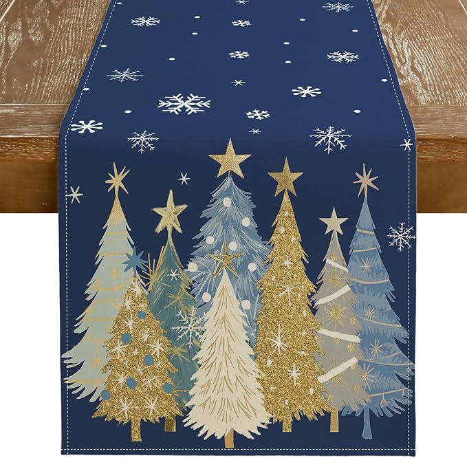 Christmas Table Runner 13x48 Inch, Xmas Trees Snowflakes Holiday Decorative by GEEORY