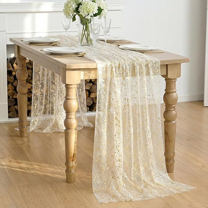 Artoid Mode Beige Gold Gauze Table Runner 59x120 Inch 10FT, Glitter Metallic Foil Sheer Dining Wedding Anniversary Holiday Birthday Table Decor for Home Party