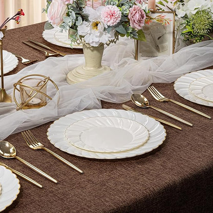 U-QE 60 Pcs Ivory Plastic Plates with Gold Trim – Scalloped Plate Disposable for Party - Elegant Plastic Plates Include 30 10.25" Dinner & 30 7.25" Dessert Plates for Party & Valentines Day