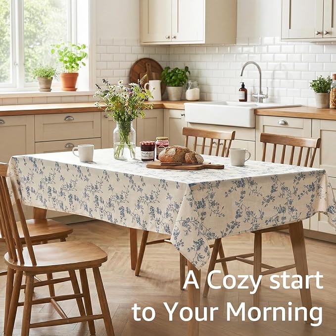jinchan Blue Farmhouse Floral Linen Rectangle Table Cloth 52 x 70 Inch | - Image 2