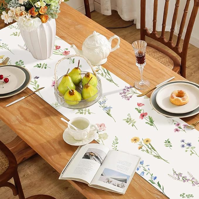 Bonhause Spring Floral Table Runner 13x90 Inch Purple Pink Wildflower Leaves - Image 3
