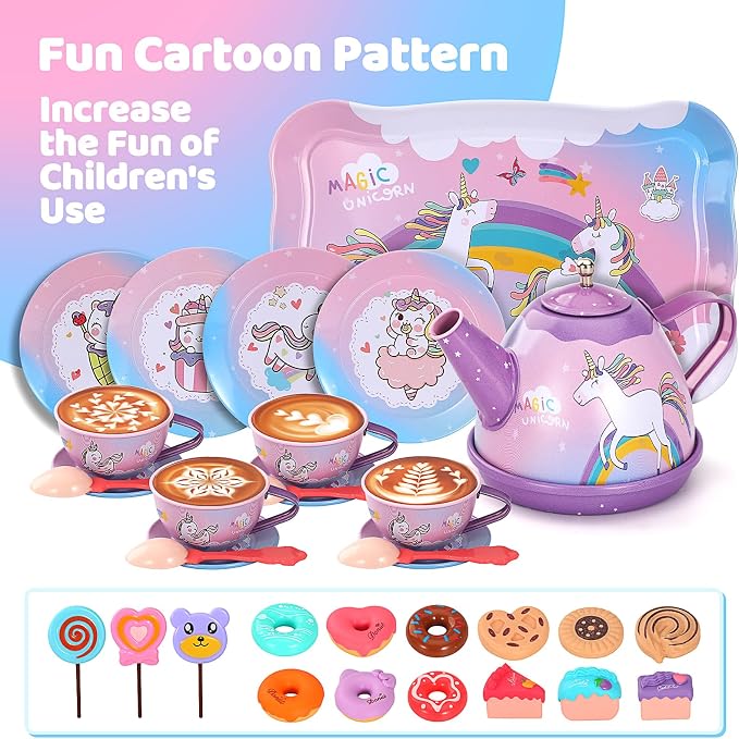 55Pcs Tea Party Set for Little Girls, Princess Tea Party Set, Unicorn Kid Tin - Image 4