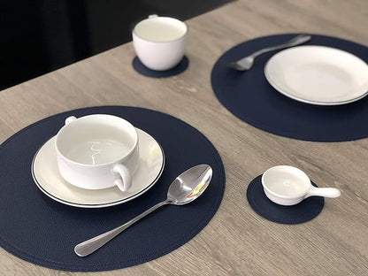 Set of 8 Faux Leather Round Placemats and Coasters, Coffee Mats Kitchen Table Mats, Waterproof, Easy to Clean for Kitchen Dining Round Table