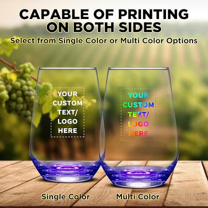 DISCOUNT PROMOS 10 Vaso Silicia Stemless Wine Glasses Set, 16 oz. - Personalized Text, Logo - Clear, Orb-Like, Thick base - Purple