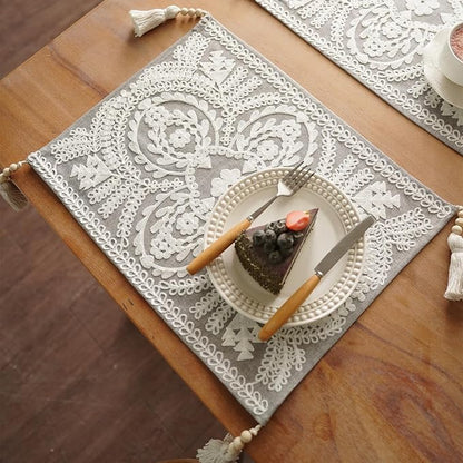 Embroidered Placemat Boho Farmhouse Place Mats, 8 Tassel Pendants, Layered - Image 4