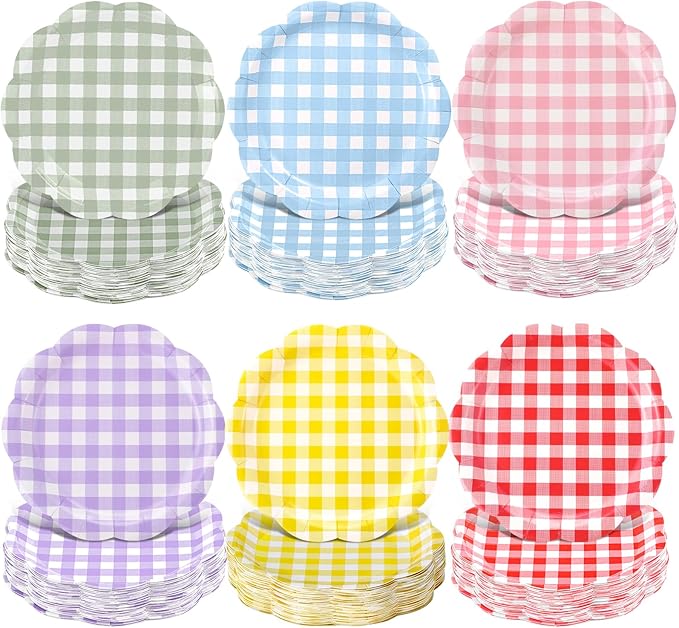 Umigy 120 Pcs Gingham Party Plates 7 Inch Colorful Paper Plates, Spring Gingham Disposable Decorative Tableware for Birthday Wedding Baby Shower Tea Party Bridal Shower