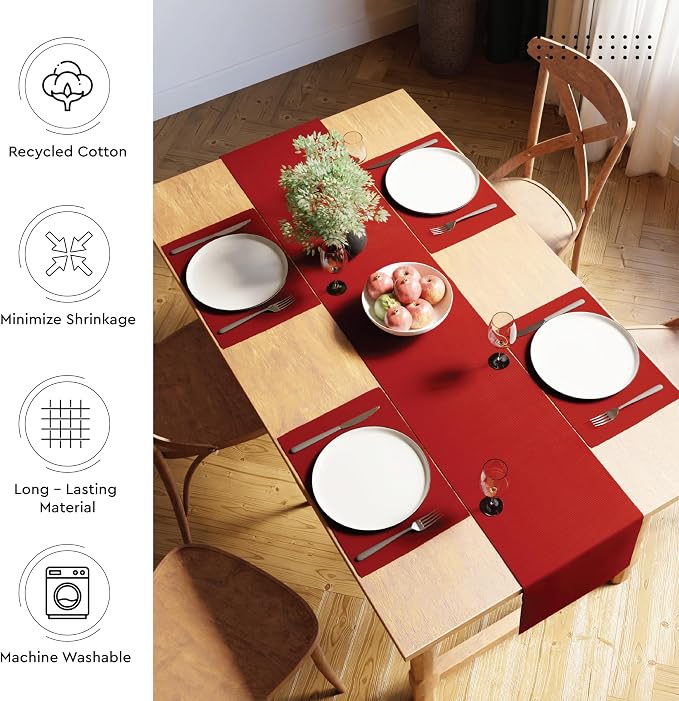 Encasa XO Table Runner, Yarn Dyed Ribbed Cotton 13"x98" | Solid Red, 12-Ply - Image 3