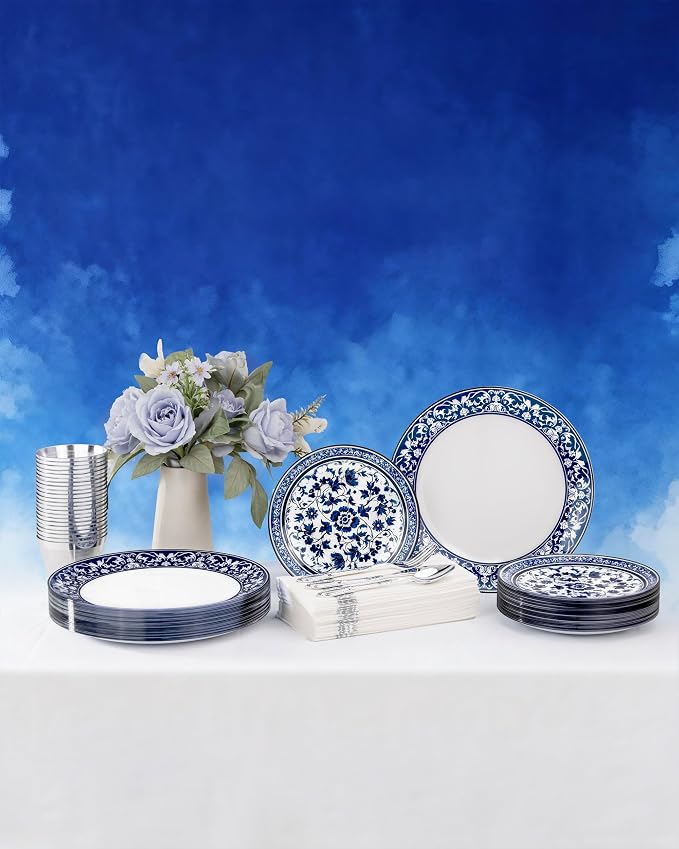 Blue Plastic Plates, Fancy Disposable Pates, 10.25" dinner & 7.5" dessert plates - Image 8