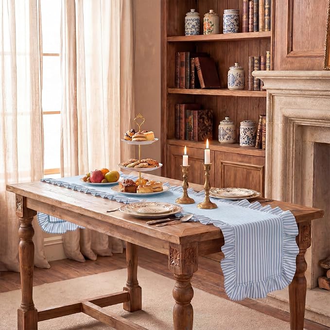 HunnmingRe Ruffle Trim Boho Table Runner Farmhouse Rustic Stripes Scalloped - Image 7