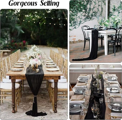Black 10FT Cheesecloth Table Runner Boho Gauze Fabric Table Runner Rustic Sheer - Image 6